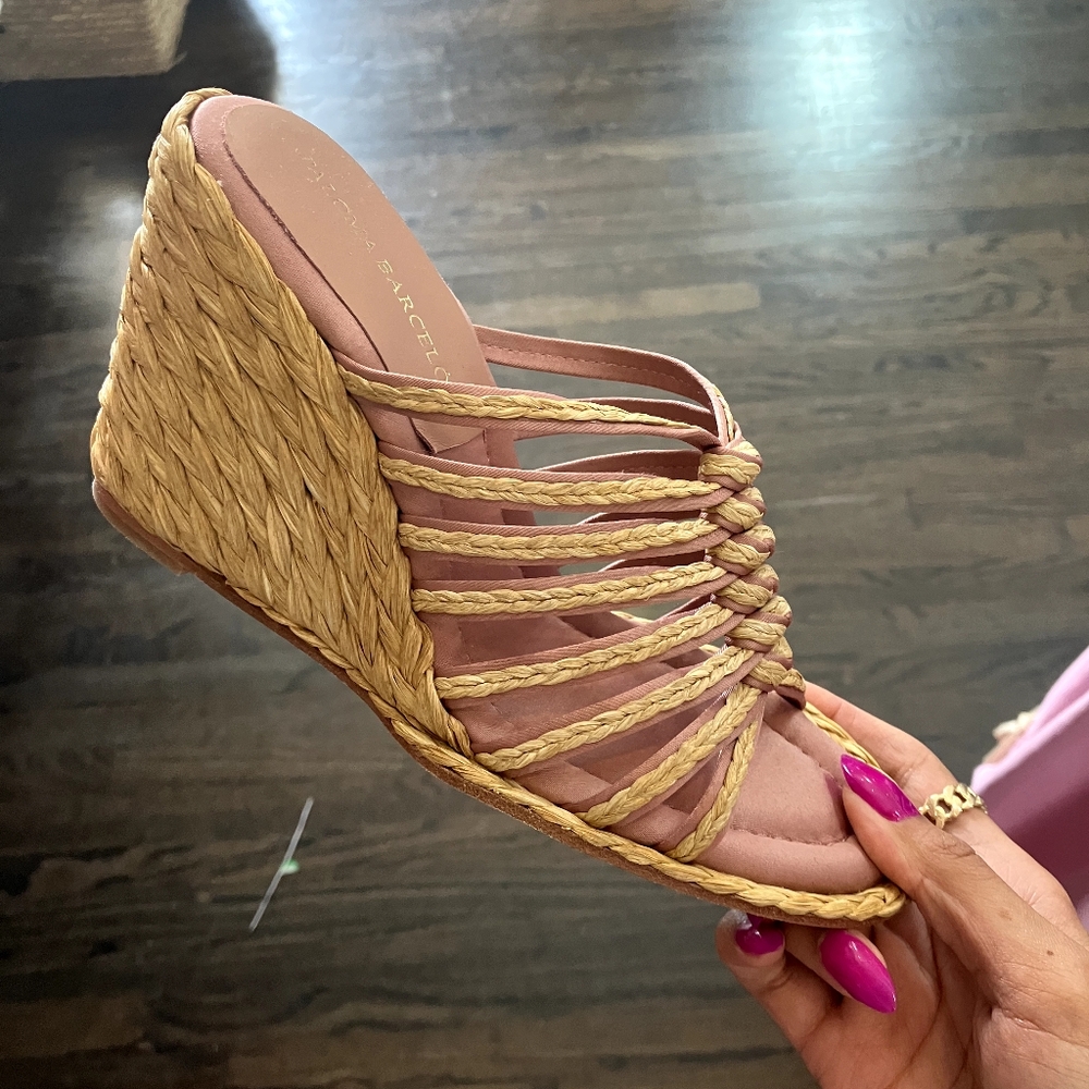 Paloma Barcelo Pink and Tan Wedge Sandals